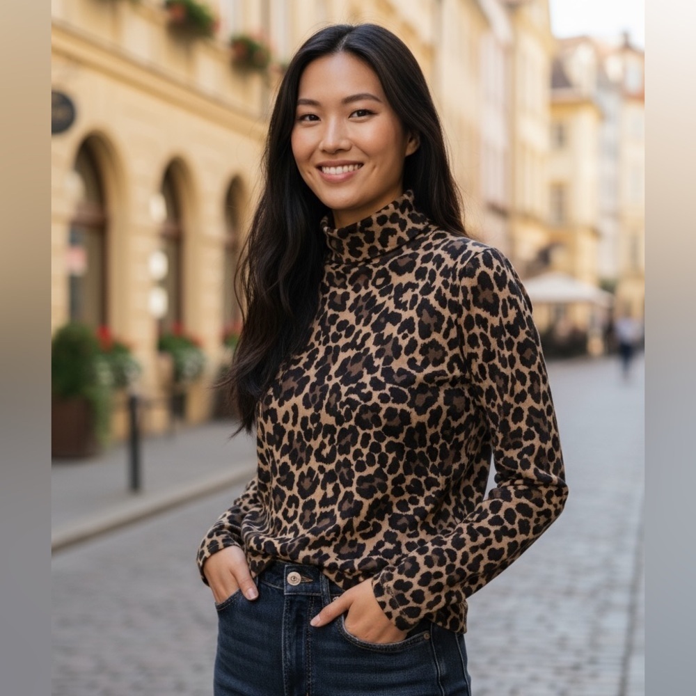 J Crew Leopard Print Turtleneck Long Sleeve Top Size XS NEW - Picture 7 of 9